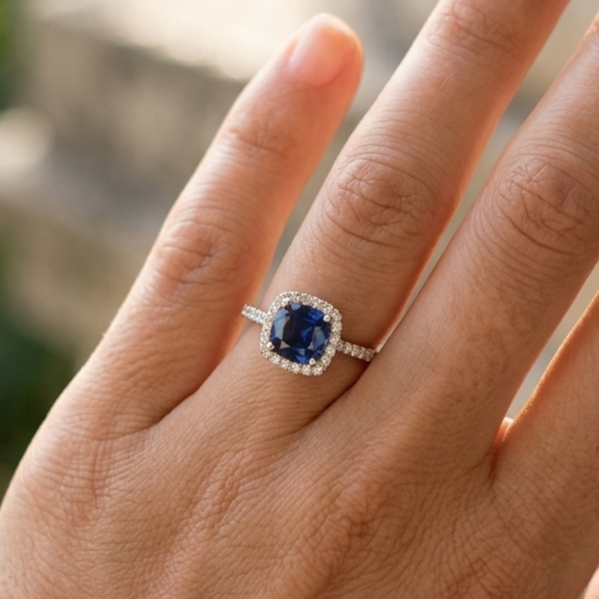 A close-up of a hand wearing a silver halo ring with a cushion-cut blue sapphire center stone and small accent diamonds.
