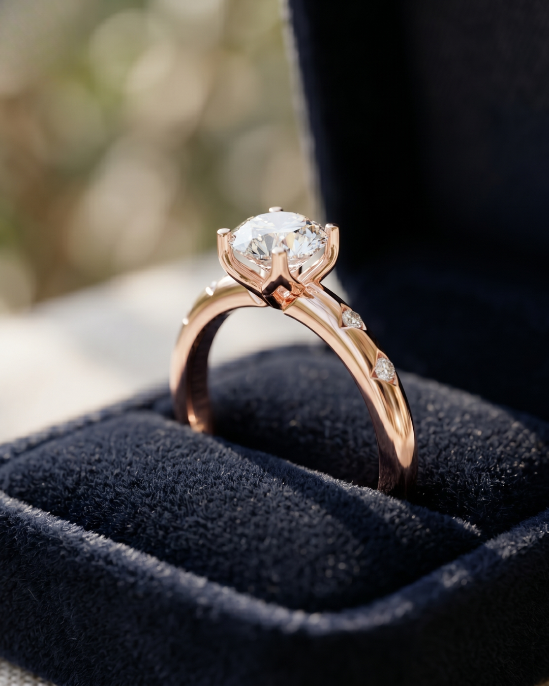 Rose gold round lab-grown diamond engagement ring by Kiashaa Jewellery with a refined four-prong setting.