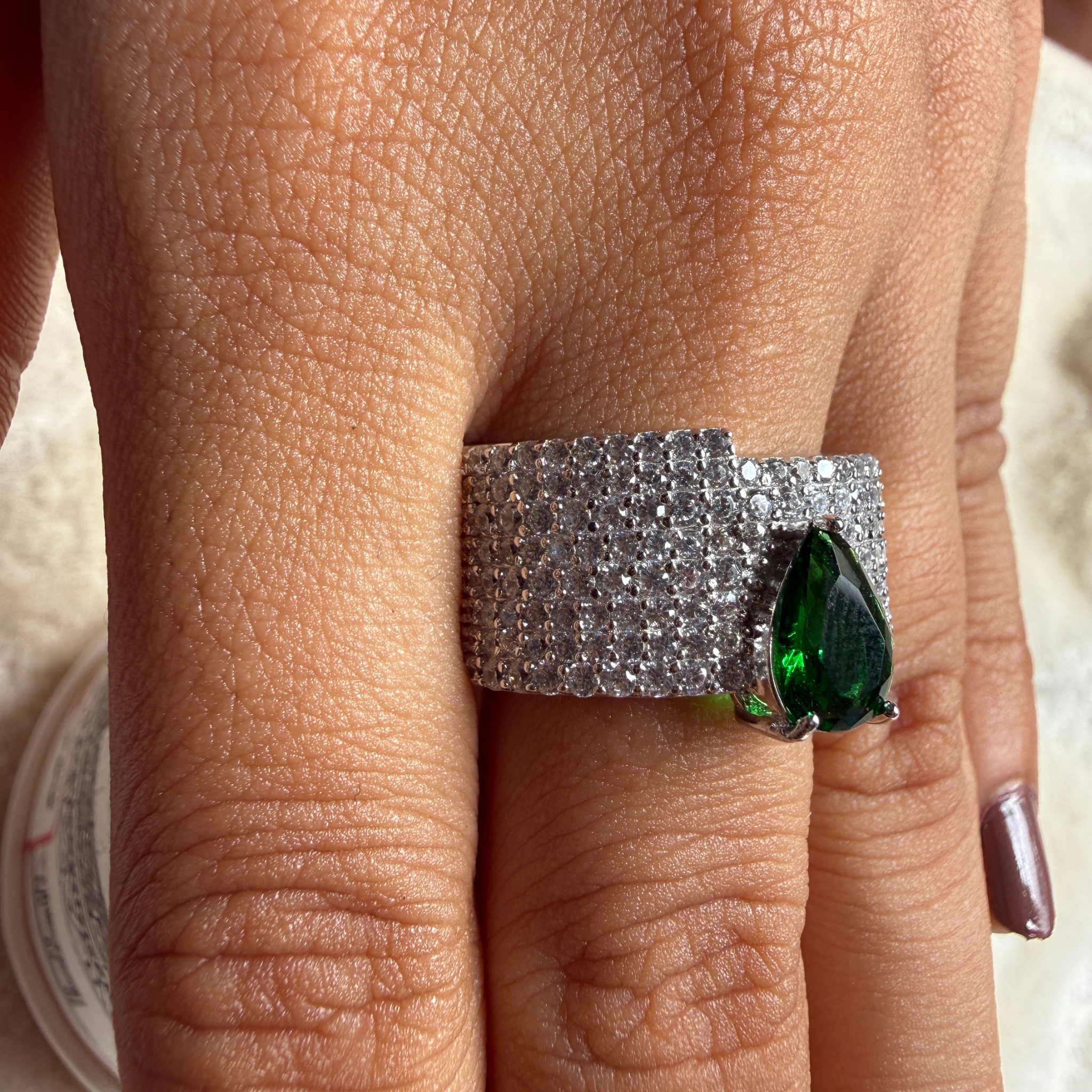 Green pear gemstone and pavé lab-grown diamond statement ring by Kiashaa Jewellery.