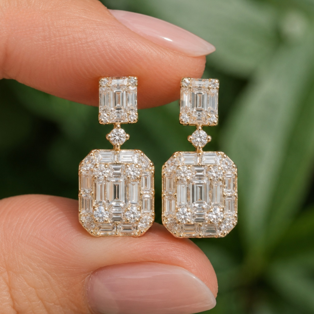 A pair of gold drop earrings with rectangular emerald-cut clear gemstones, held between two fingers against a soft green leaf background.