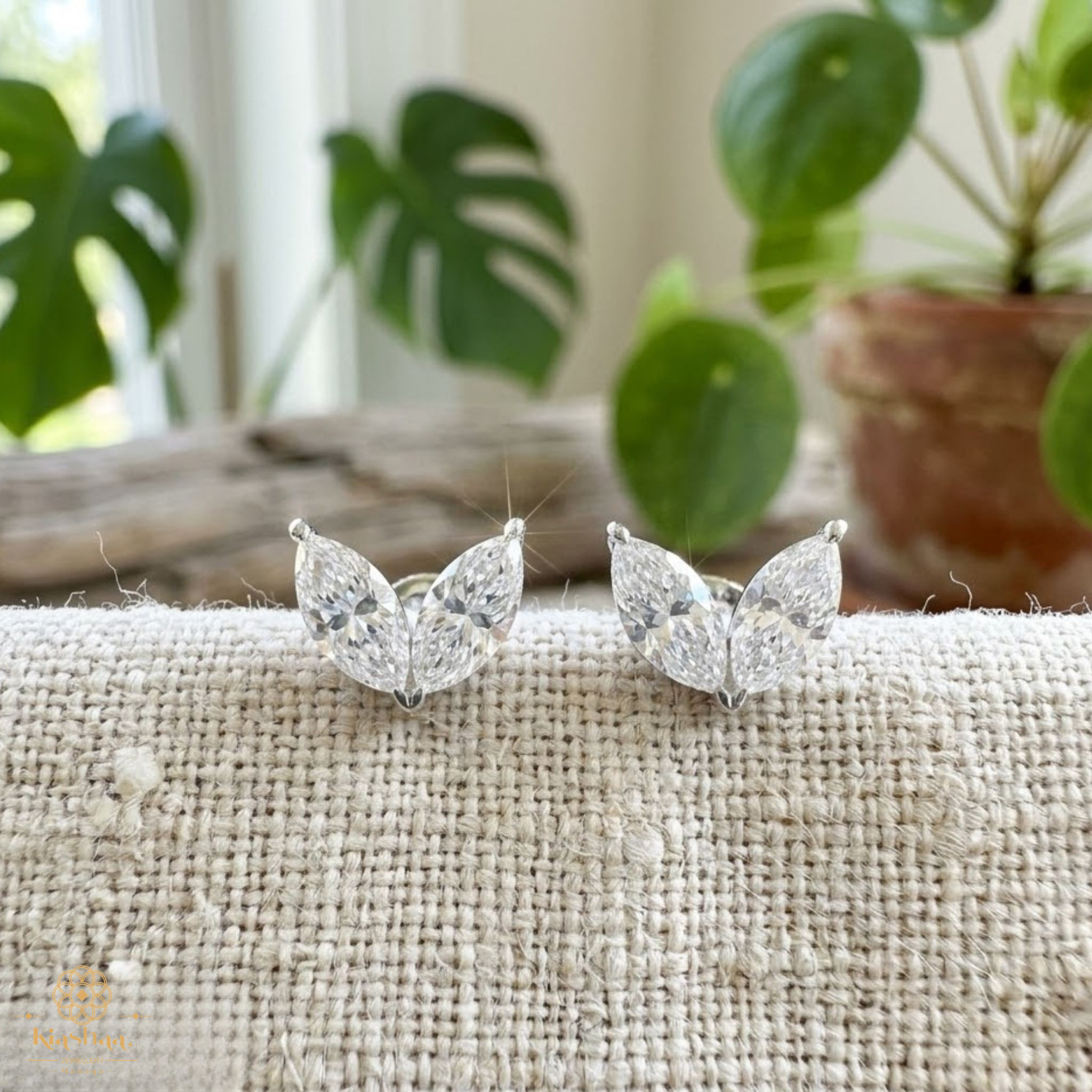 Double Marquise Diamond Leaf Stud Earrings in 9K, 14K & 18K Gold