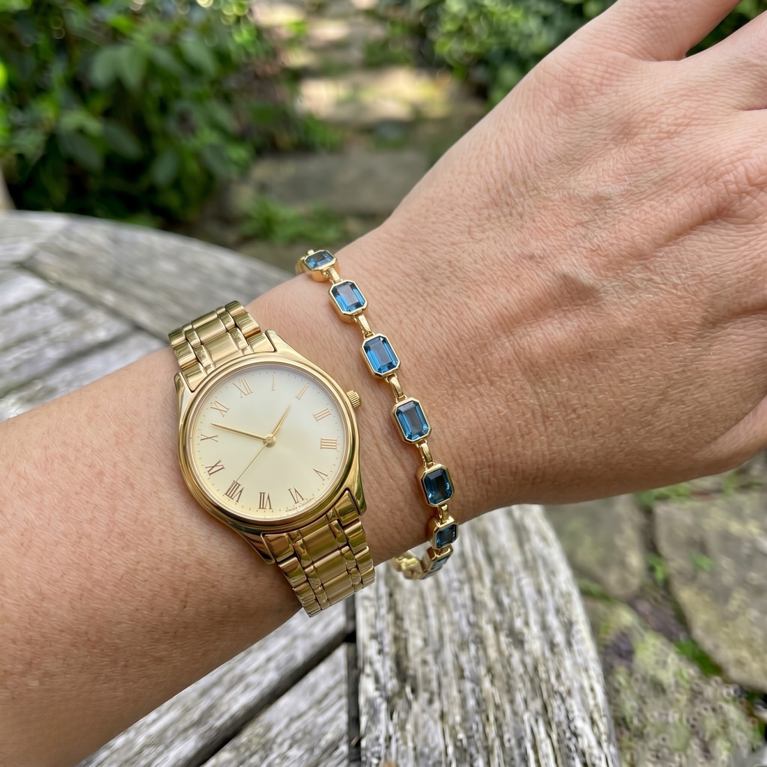 Classic gemstone tennis bracelet available in white, yellow, and rose gold.