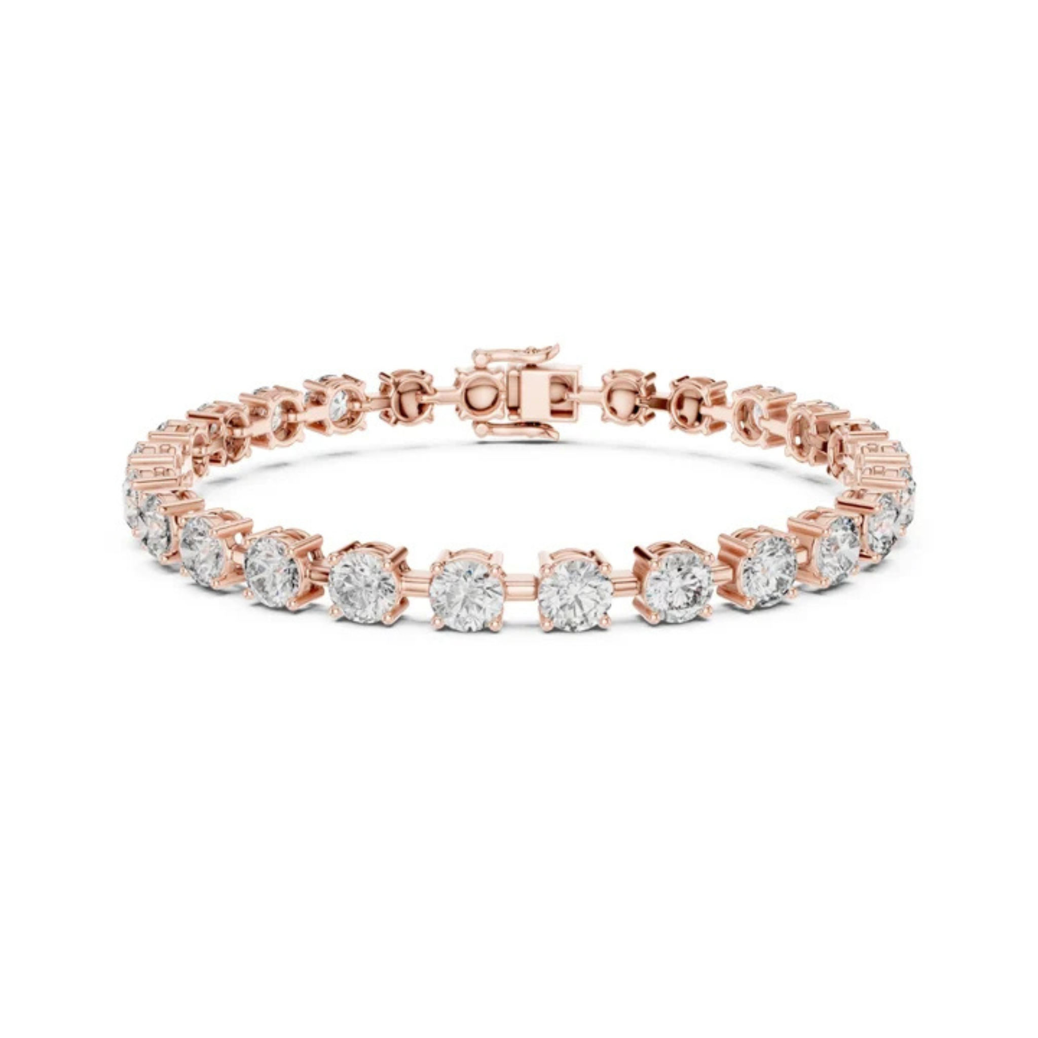 A rose gold tennis bracelet featuring round-cut clear gemstones in a prong setting, displayed on a clean white background.
