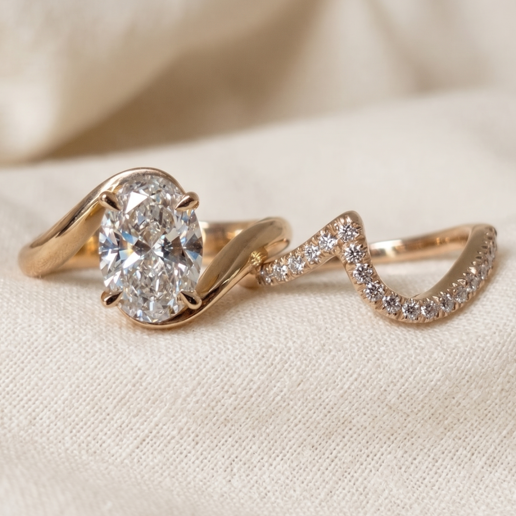 1.31 CT oval center diamond engagement ring with curved wedding band