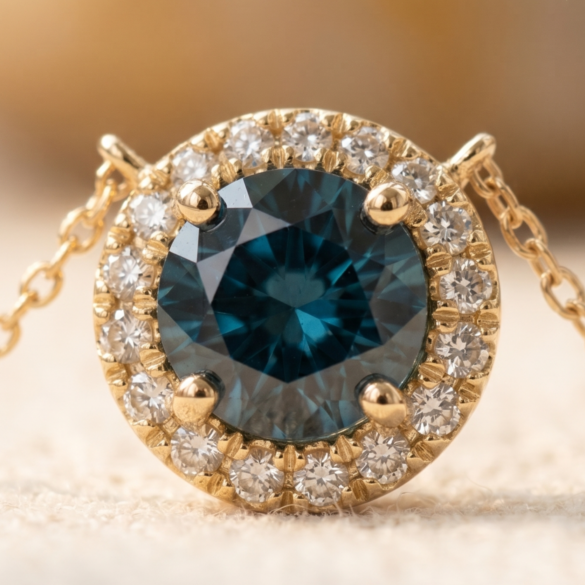 A close-up shot of a gold pendant necklace featuring a round-cut dark blue gemstone surrounded by a halo of small clear stones, resting on a soft beige surface.