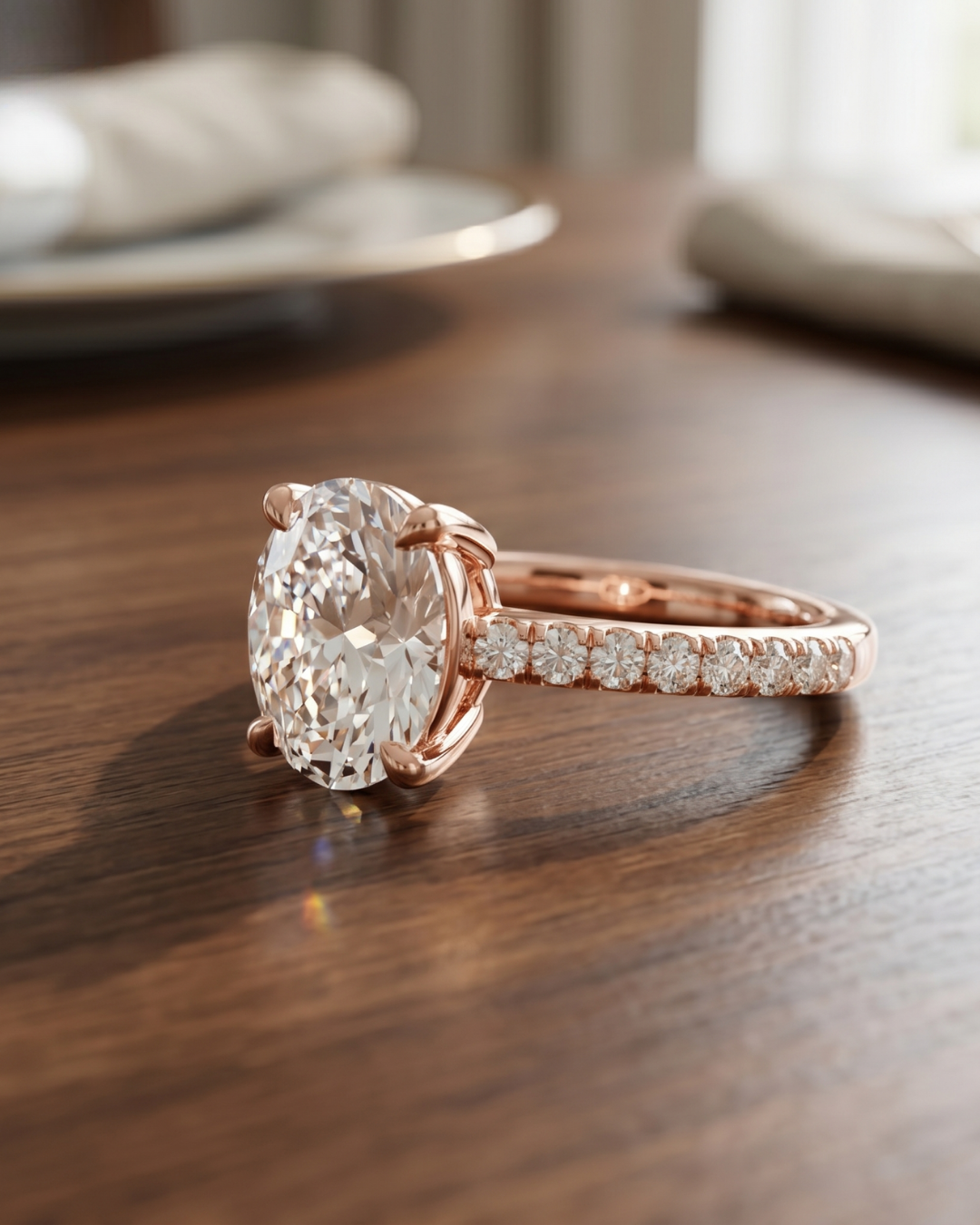 Kiashaa Jewellery 2.304 carat oval lab-grown diamond solitaire ring in rose gold with elegant diamond band.