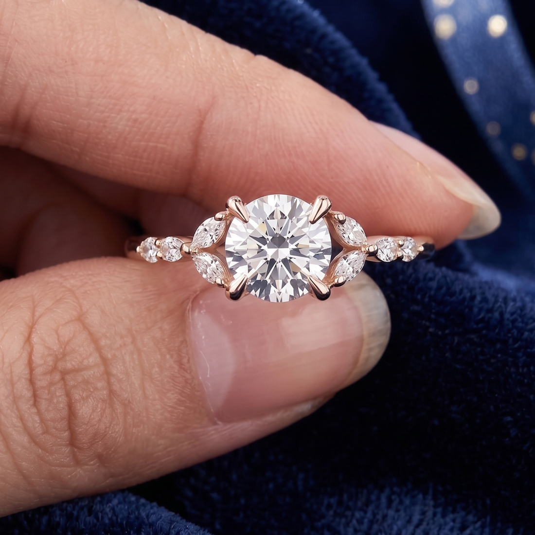 A close-up of a rose gold engagement ring with a round-cut center diamond and smaller side diamonds, held between fingers against a dark blue velvet background.