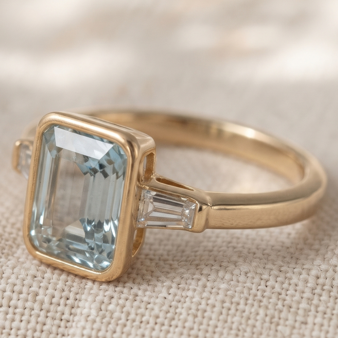 Aqua Cushion 1.351 CTW Cushion & Tapered Baguette Three-Stone Ring in 9K, 14K & 18K Gold