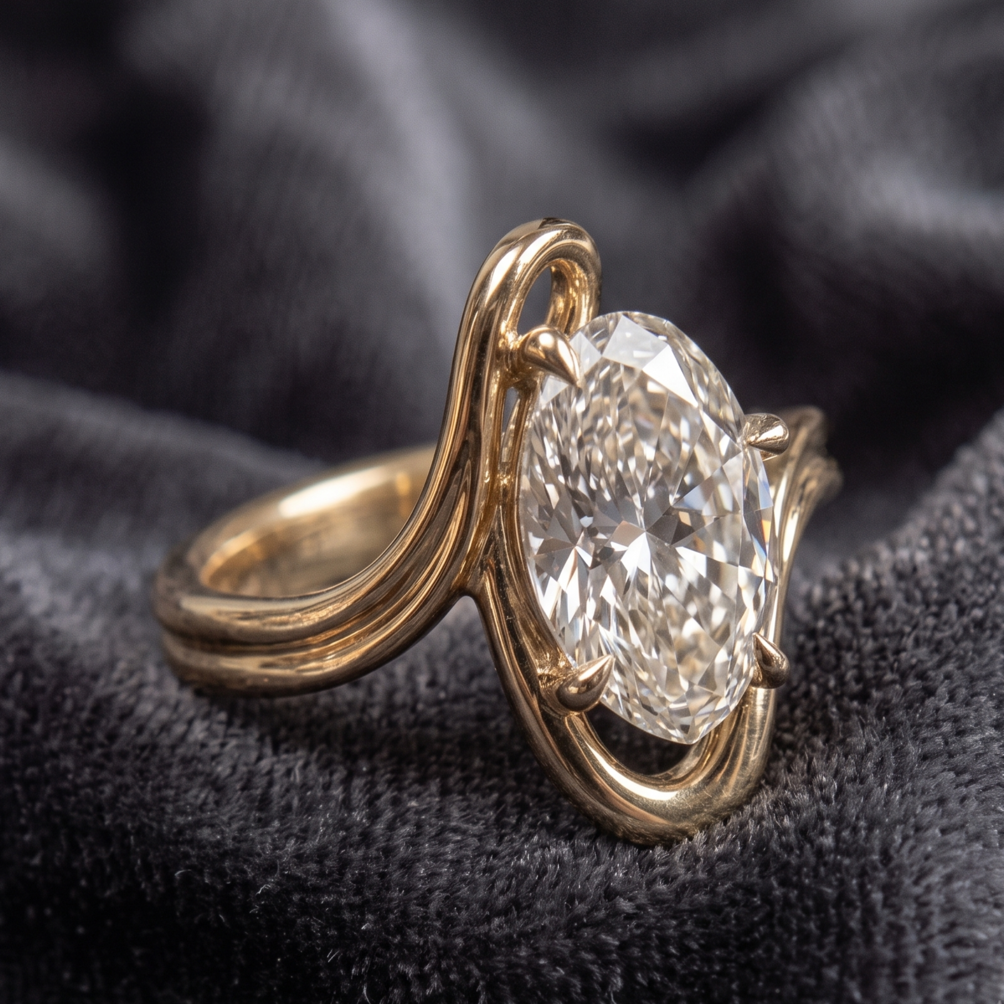 Yellow gold oval solitaire proposal ring with flowing gold design