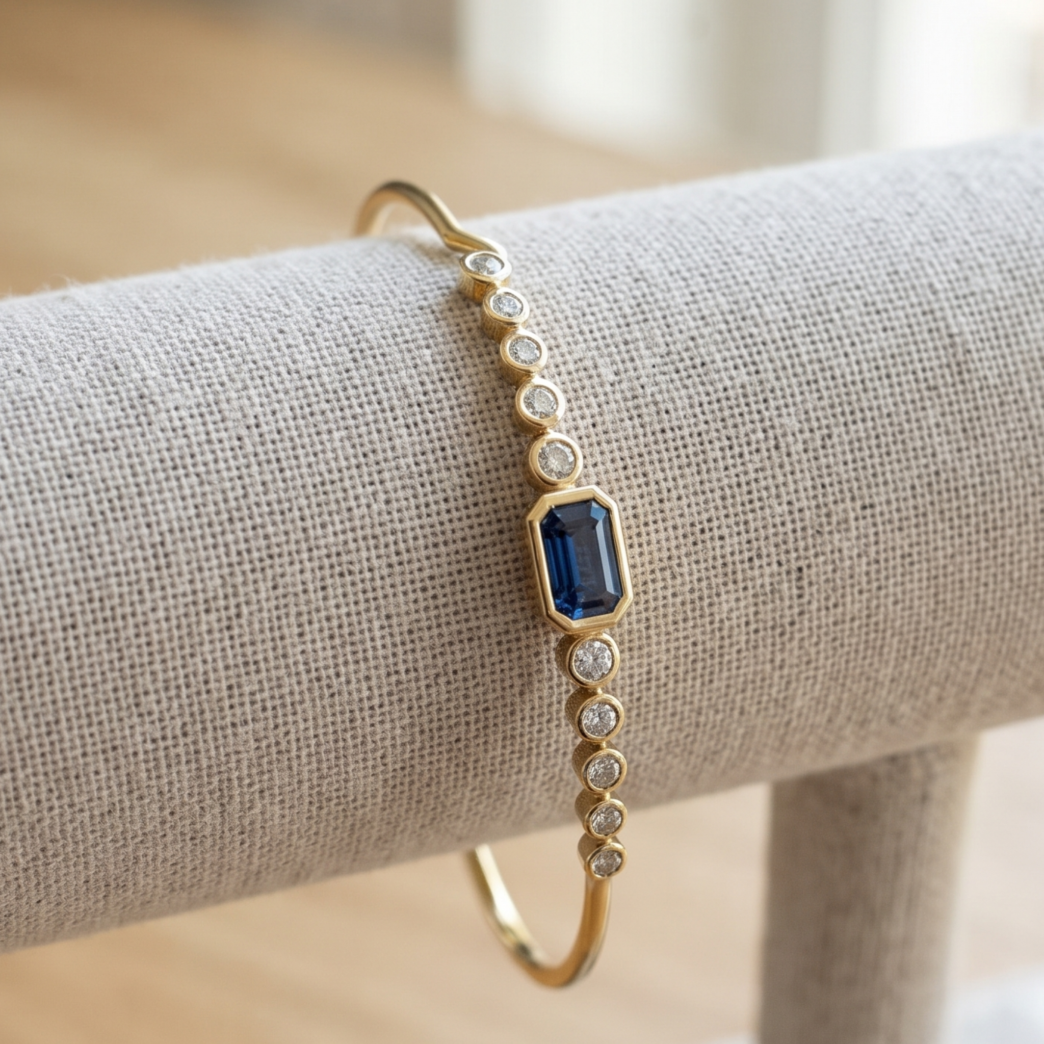 Kiashaa Jewellery 1.582 CTW blue emerald and round diamond bangle in polished yellow gold.