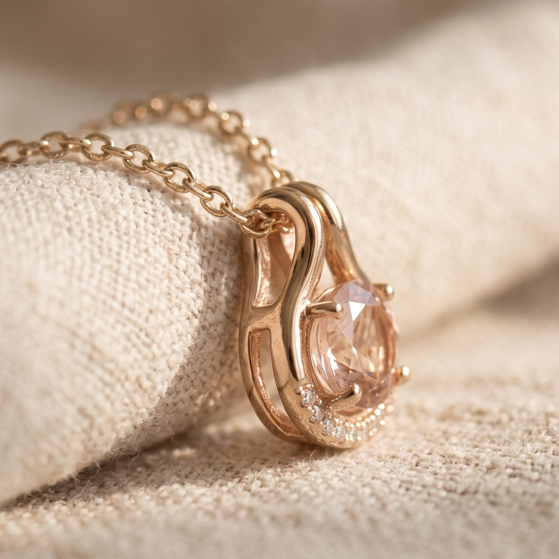 A close-up of a rose gold pendant necklace with a large oval pale pink gemstone and small accent stones, resting on a textured beige fabric surface.