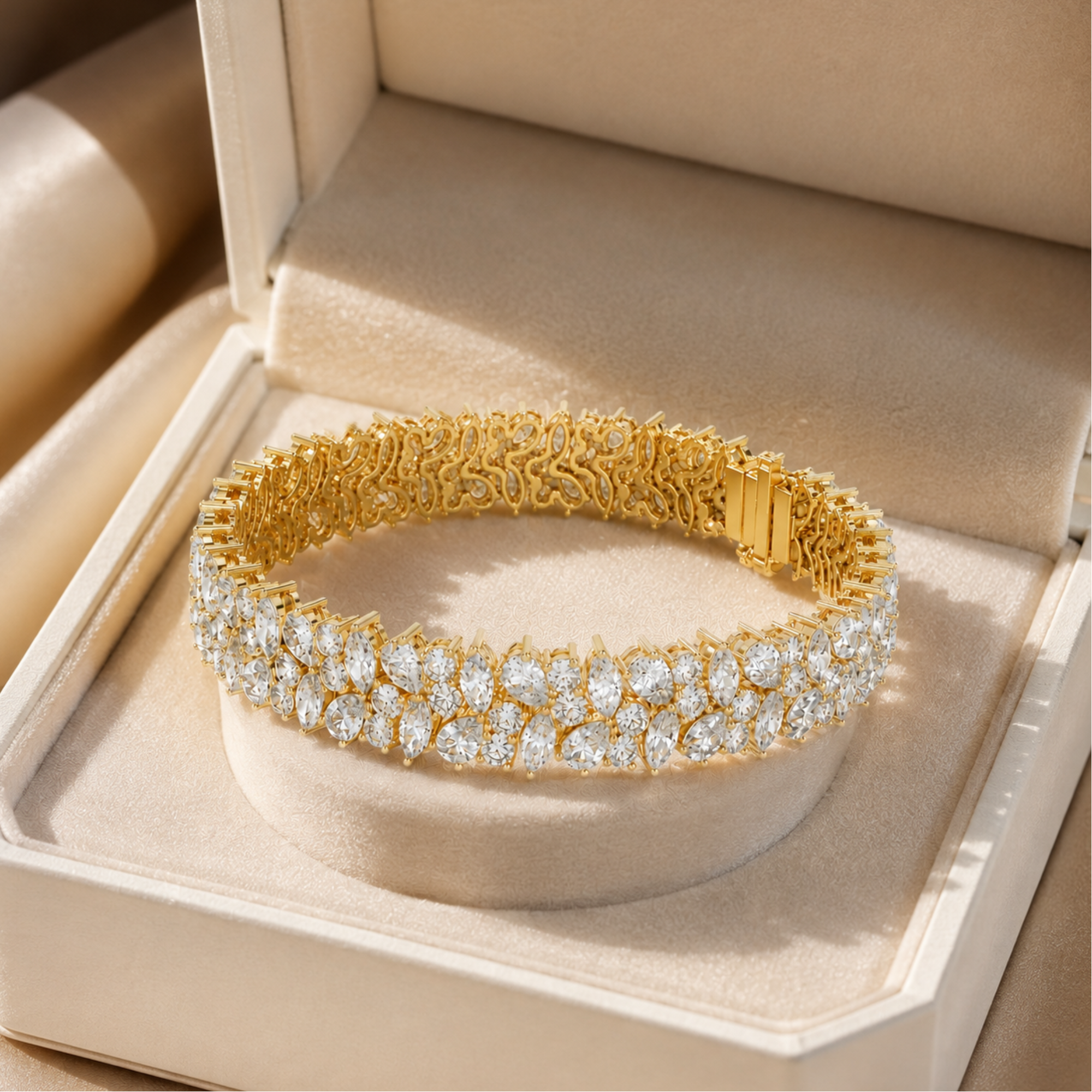 A gold tennis bracelet with sparkling clear gemstones, displayed inside an open beige jewelry box.