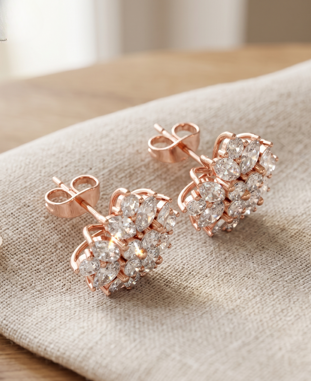 Kiashaa Jewellery lab-grown diamond floral studs featuring marquise-shaped petals and round diamond accents.