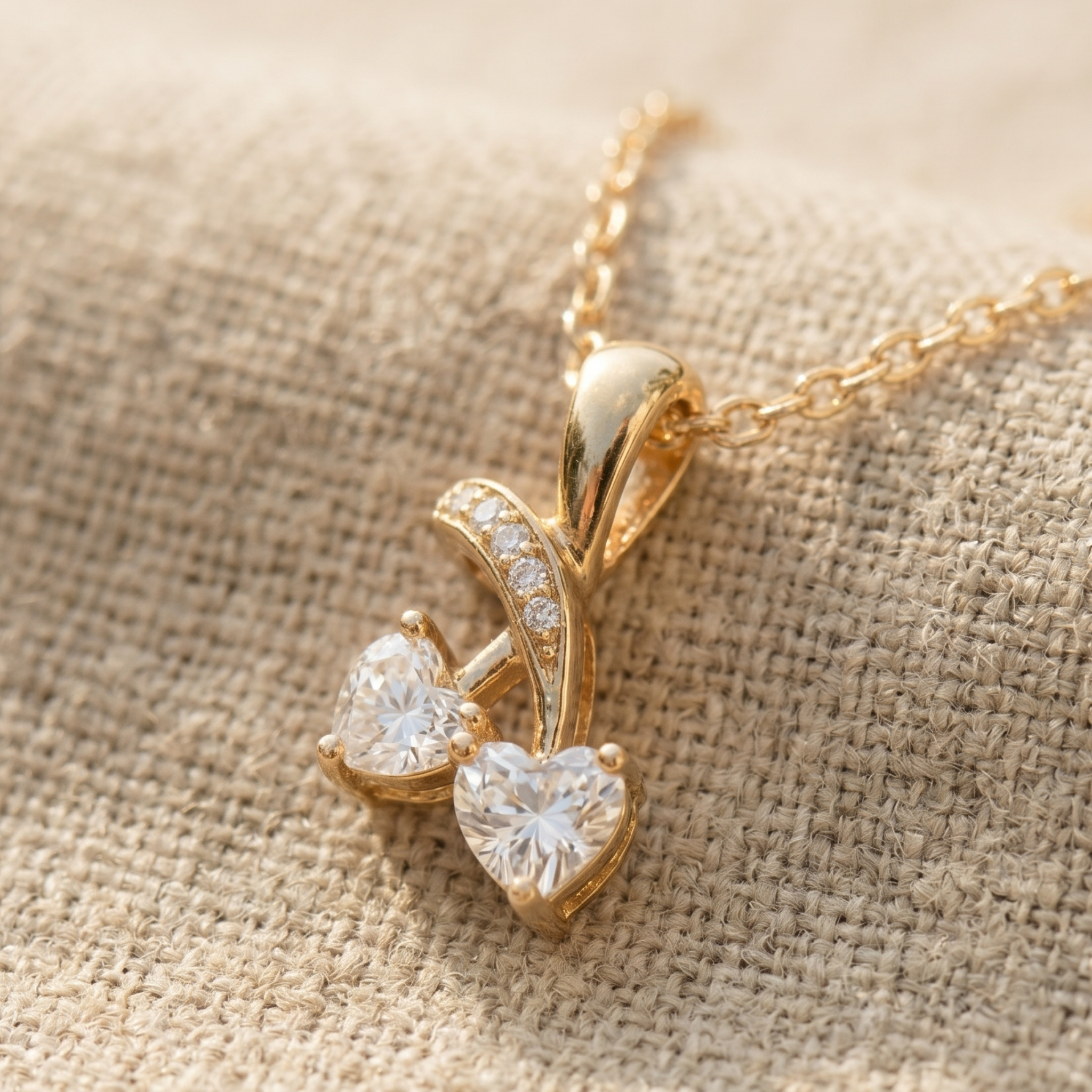 A gold pendant necklace featuring two heart-shaped clear gemstones and a curved pavé chain detail, displayed on a textured beige fabric background.