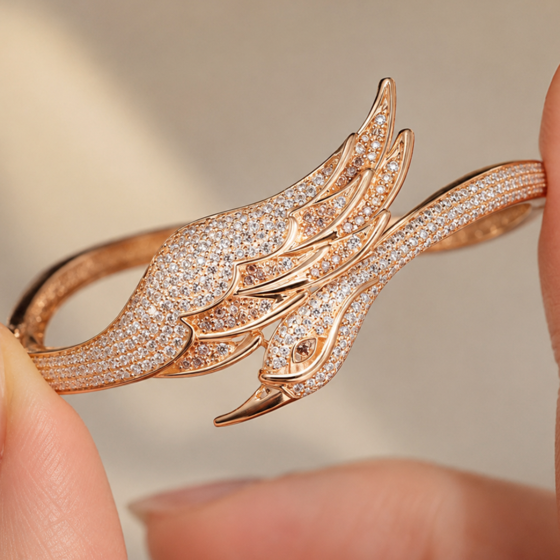 Celeste Swan Wing 2 CTW diamond open ring by Kiashaa Jewellery in rose gold with a bird-inspired wing and head design.
