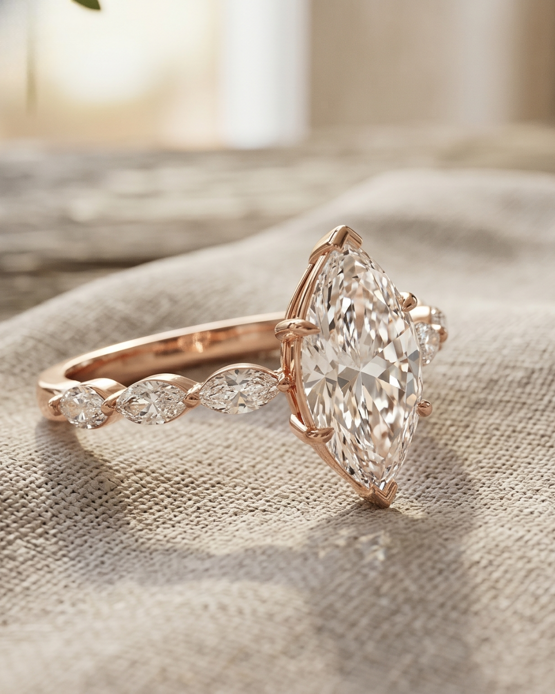 Kiashaa Jewellery 4.912 CT marquise diamond ring in rose gold featuring marquise and round lab-grown diamonds.