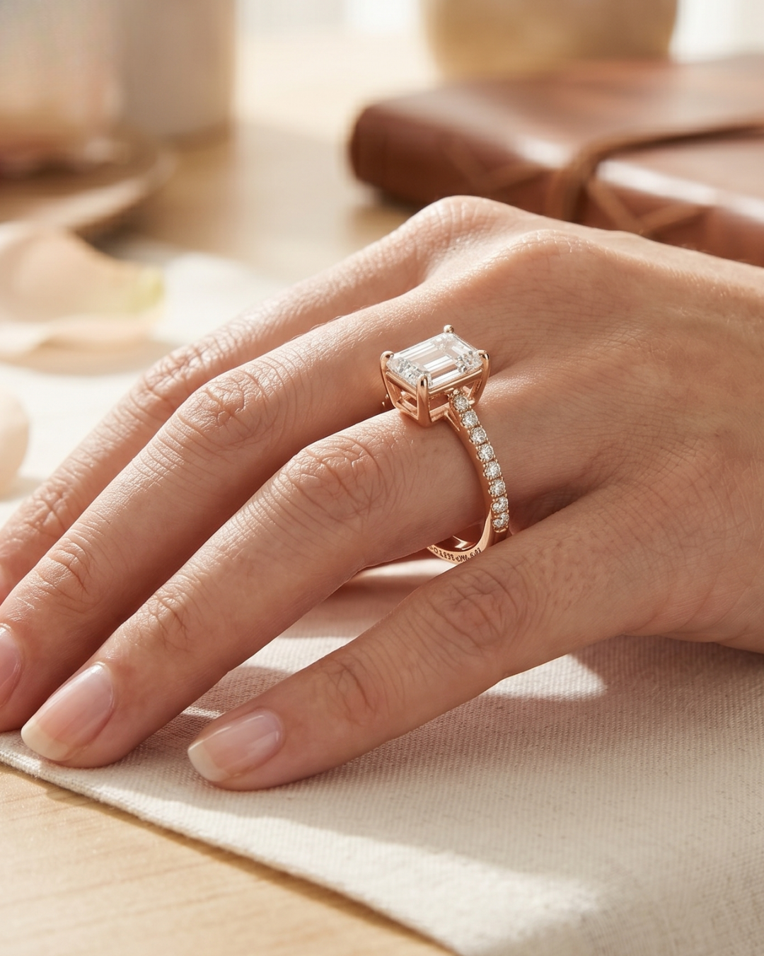 Close-up of emerald-cut lab-grown diamond ring with round side stones in rose gold.