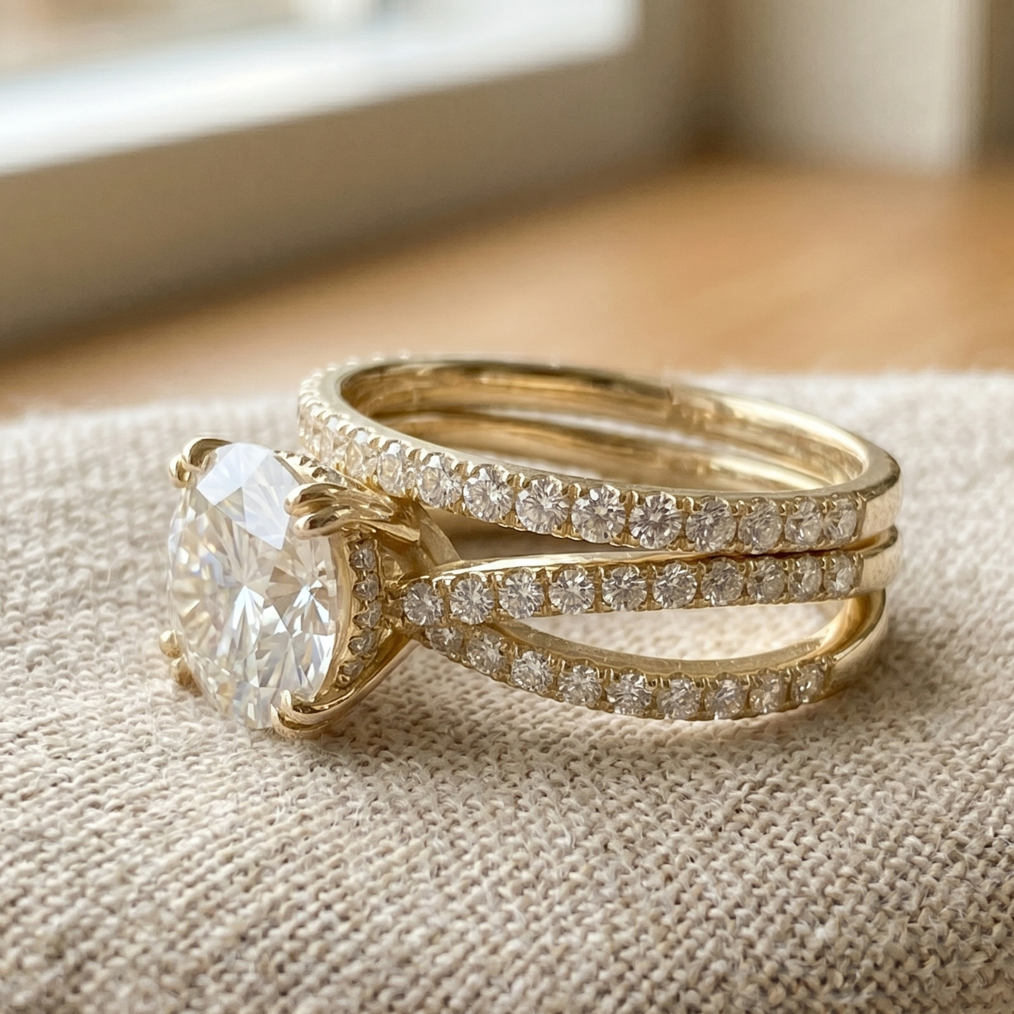 A gold wedding band set featuring a large oval-cut diamond solitaire and a matching pave diamond band, displayed on a textured beige fabric surface.