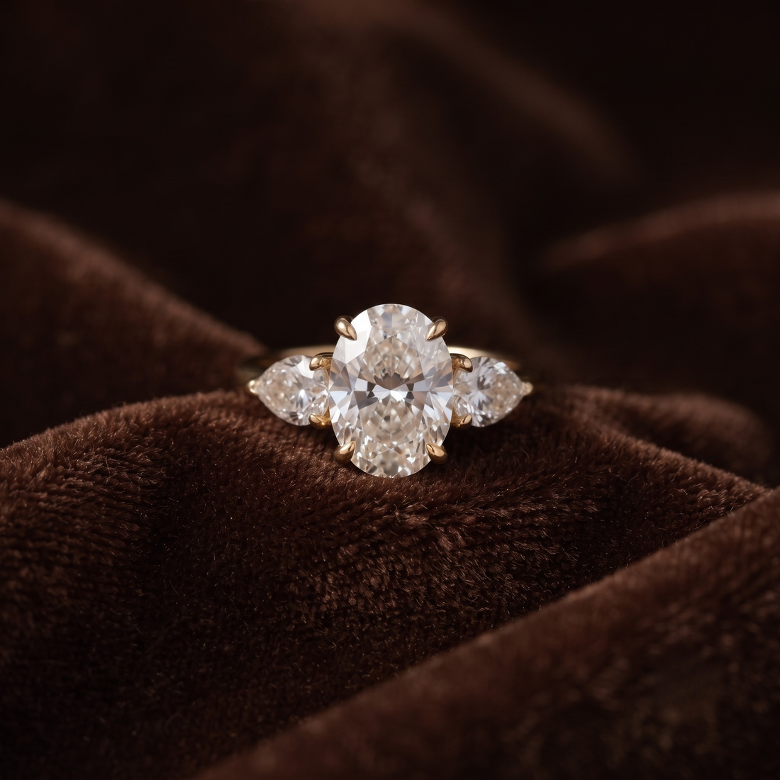 A yellow gold ring featuring a round brilliant-cut center diamond flanked by two marquise-cut side diamonds, displayed on a textured dark brown velvet surface.