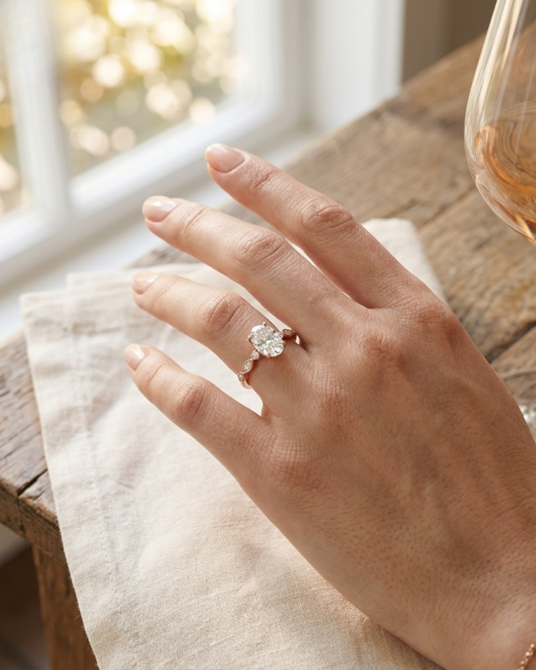 Kiashaa Jewellery oval lab-grown diamond ring in rose gold featuring a four-prong center and decorative band.