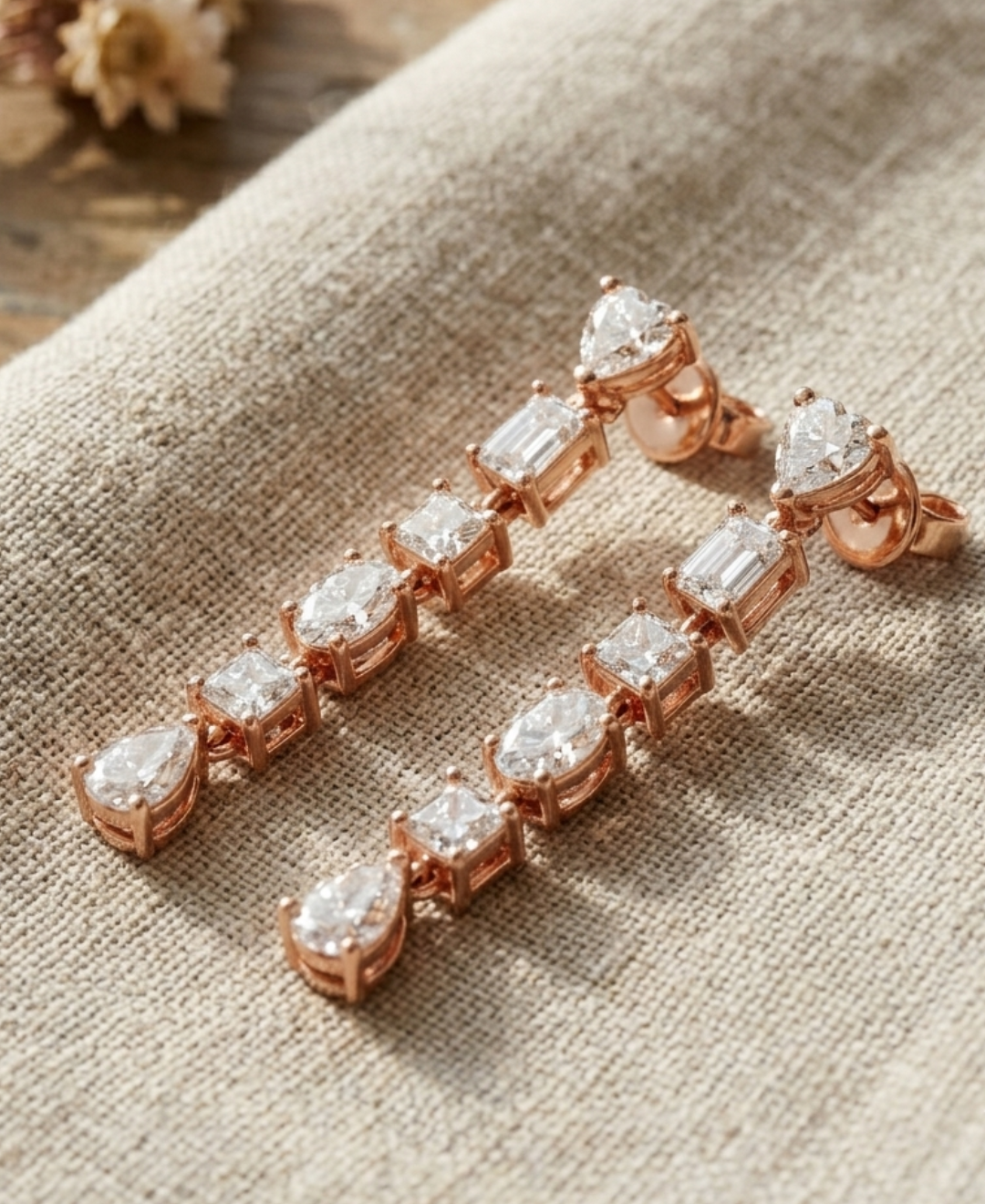 Kiashaa Jewellery multi-shape diamond drop earrings displayed as a matching rose gold pair.
