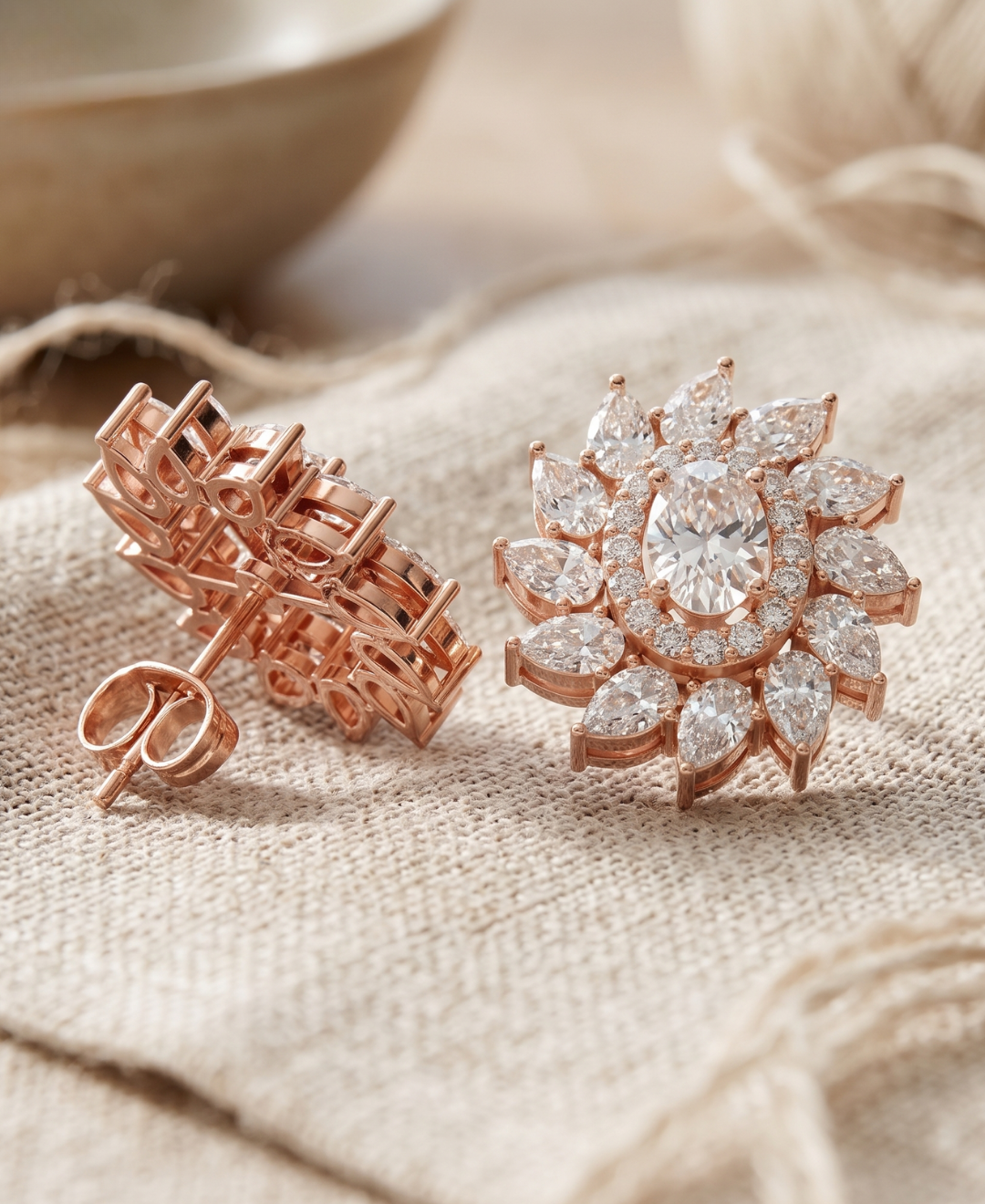 Kiashaa Jewellery lab-grown diamond flower studs with oval centre stones and radiant pear-cut outer clusters.