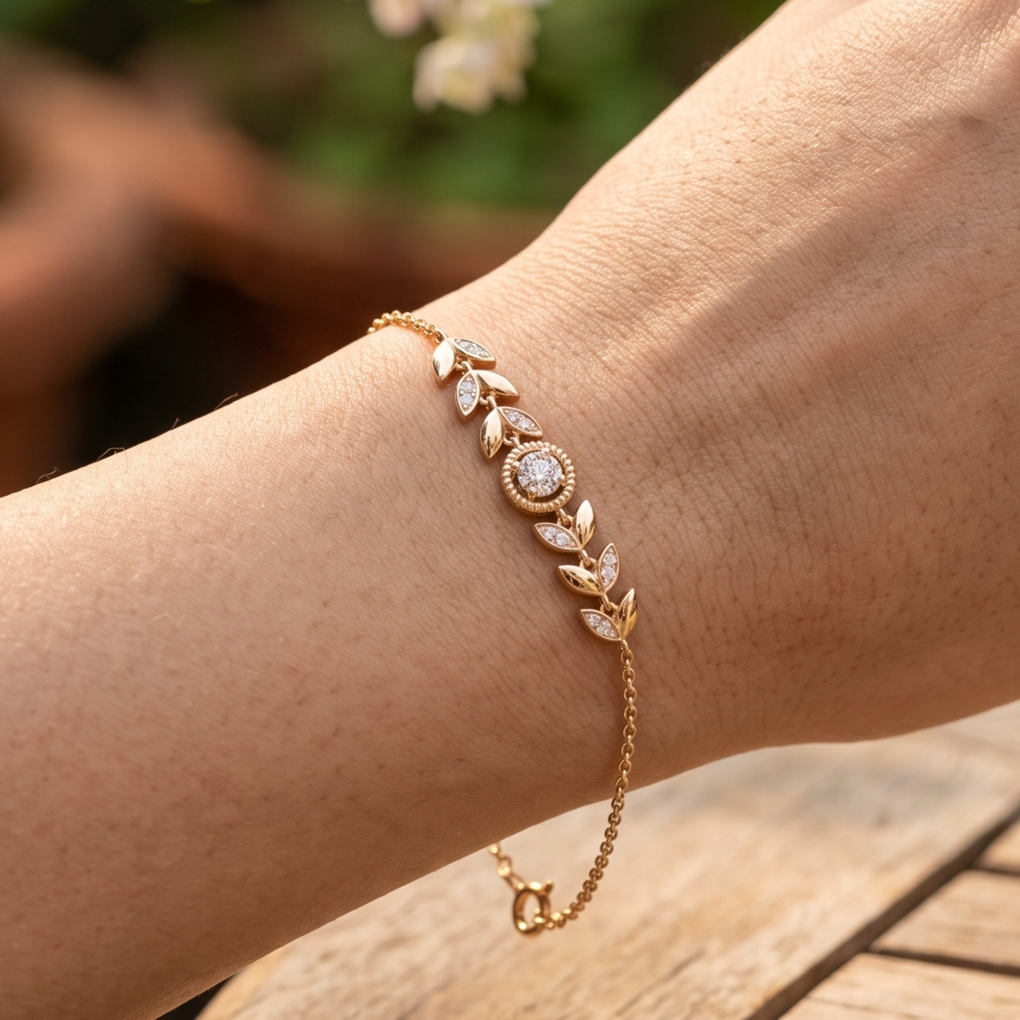 Botanical diamond bracelet featuring a 5.10 mm round center stone with leaf motifs.