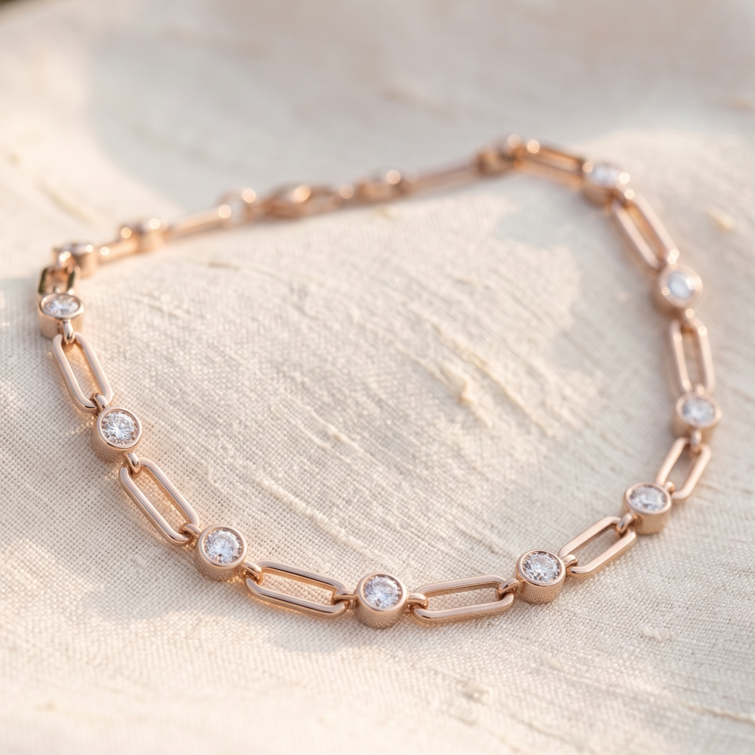 A rose gold chain bracelet with alternating elongated oval links and round bezel-set clear stones, displayed on a textured beige fabric background.
