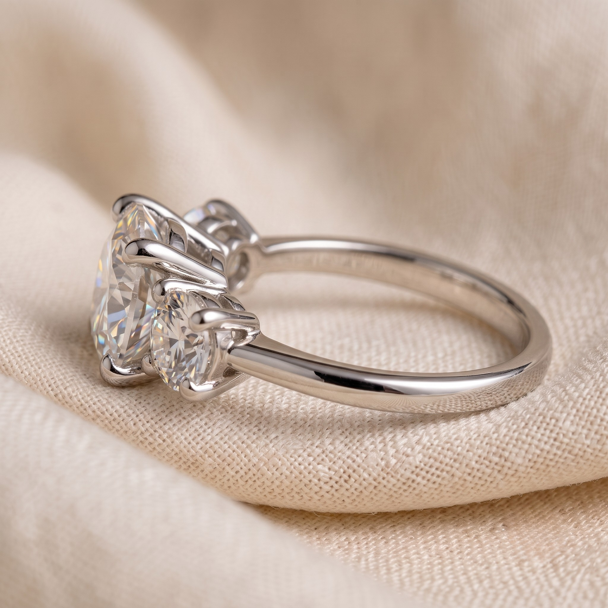 A silver-toned solitaire engagement ring with a round brilliant-cut diamond, resting on a textured beige fabric background.