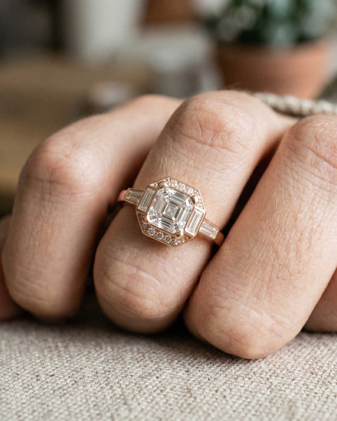 Rose gold radiant diamond ring with baguette side stones for women