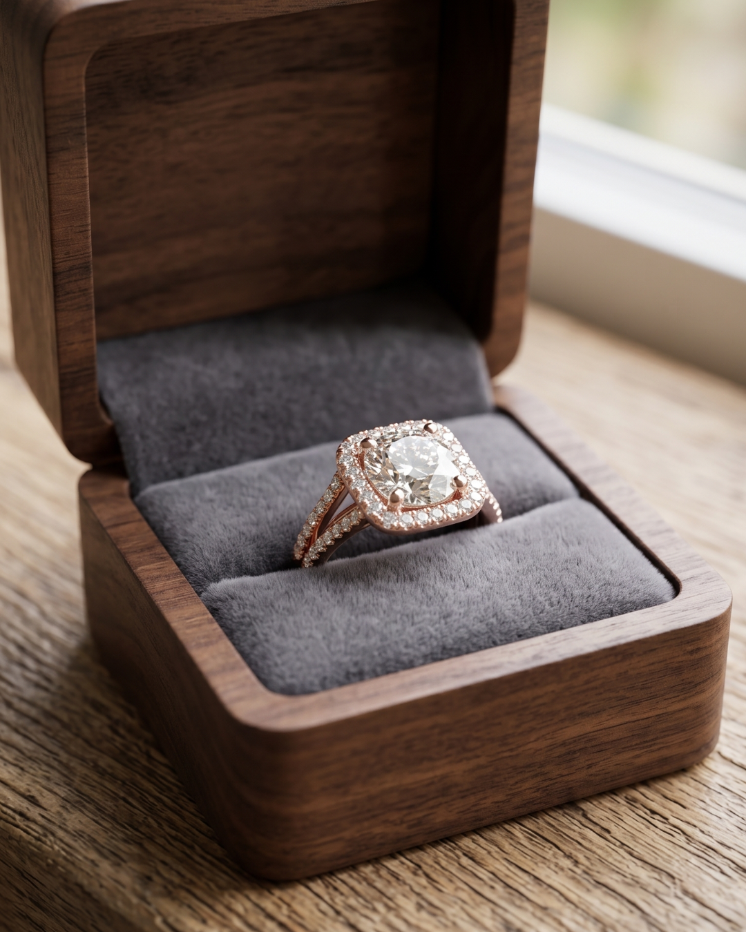 Kiashaa Jewellery 2.82 carat round lab-grown diamond ring in rose gold with halo and split-shank accents.