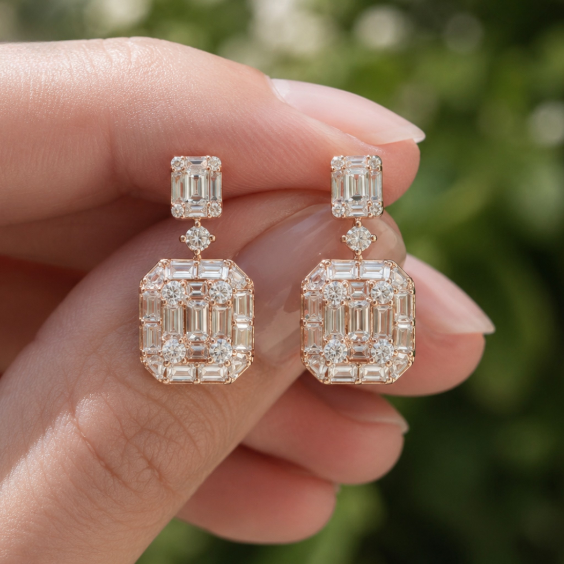 A pair of rose gold drop earrings with large emerald-cut clear gemstones, held between fingers against a blurred green outdoor background.