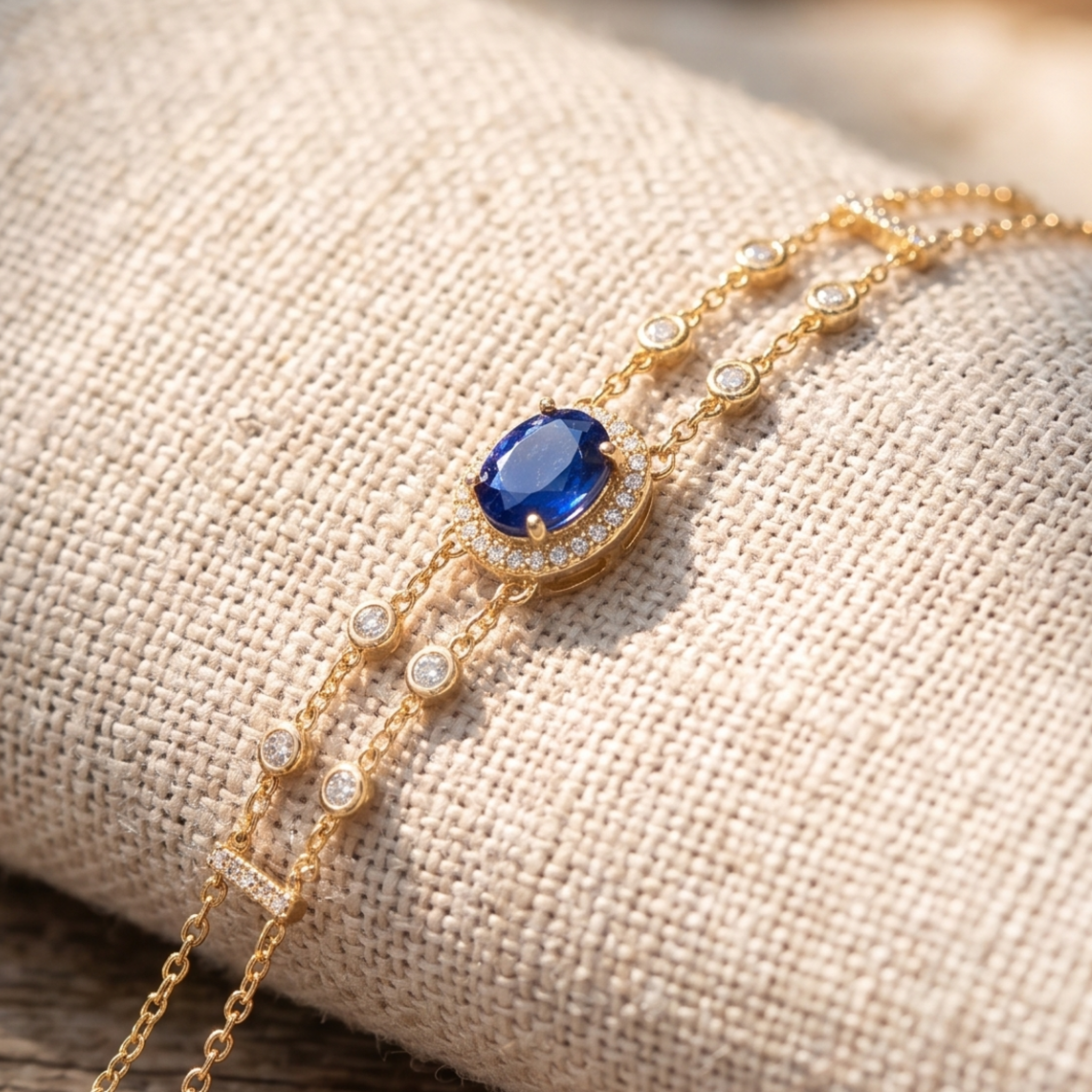 2 CT oval blue sapphire bracelet with diamond halo in yellow gold by Kiashaa Jewellery.