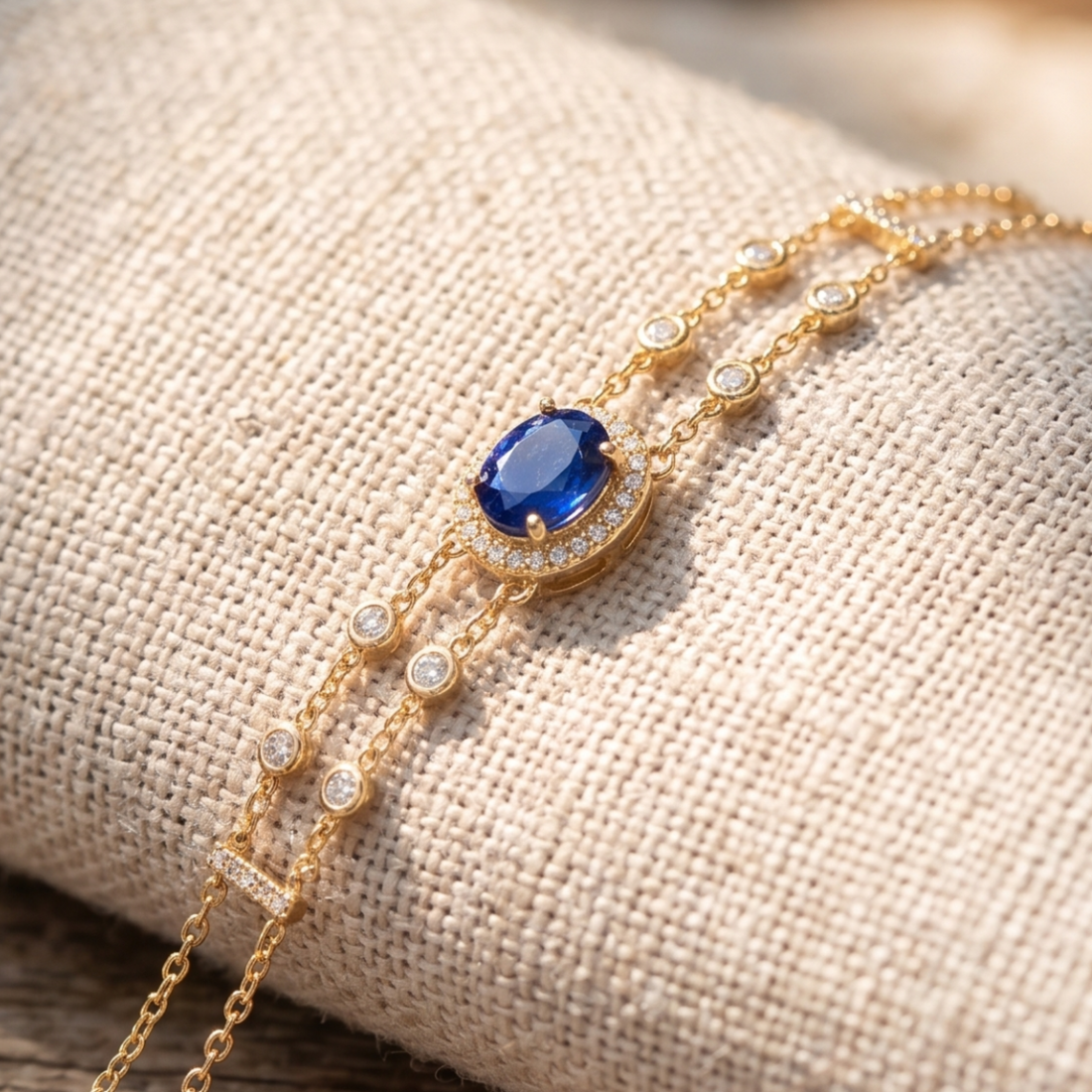 2 CT oval blue sapphire bracelet with diamond halo in yellow gold by Kiashaa Jewellery.