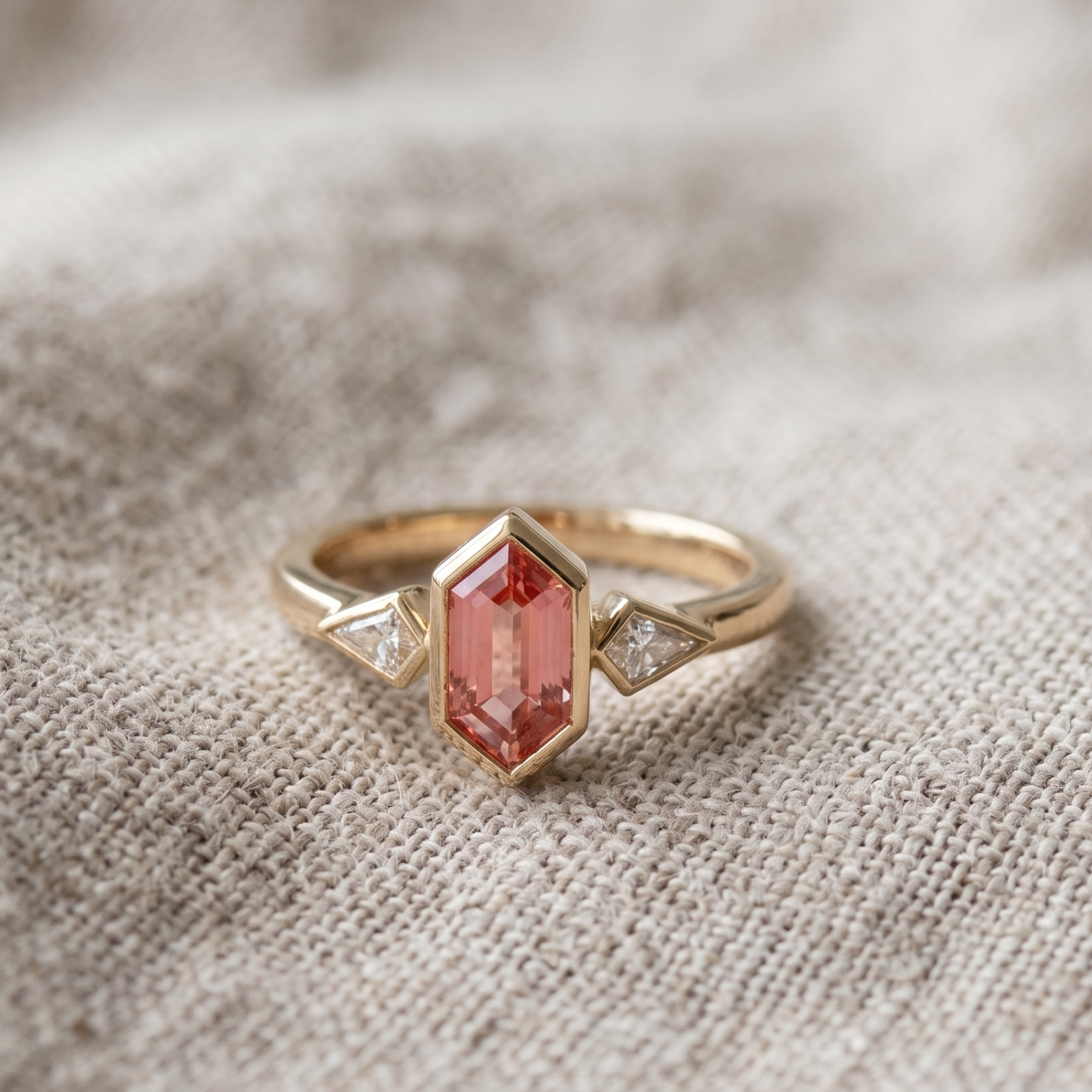 Kiashaa Jewellery 3 CTW pink geometric three-stone ring in polished yellow gold.