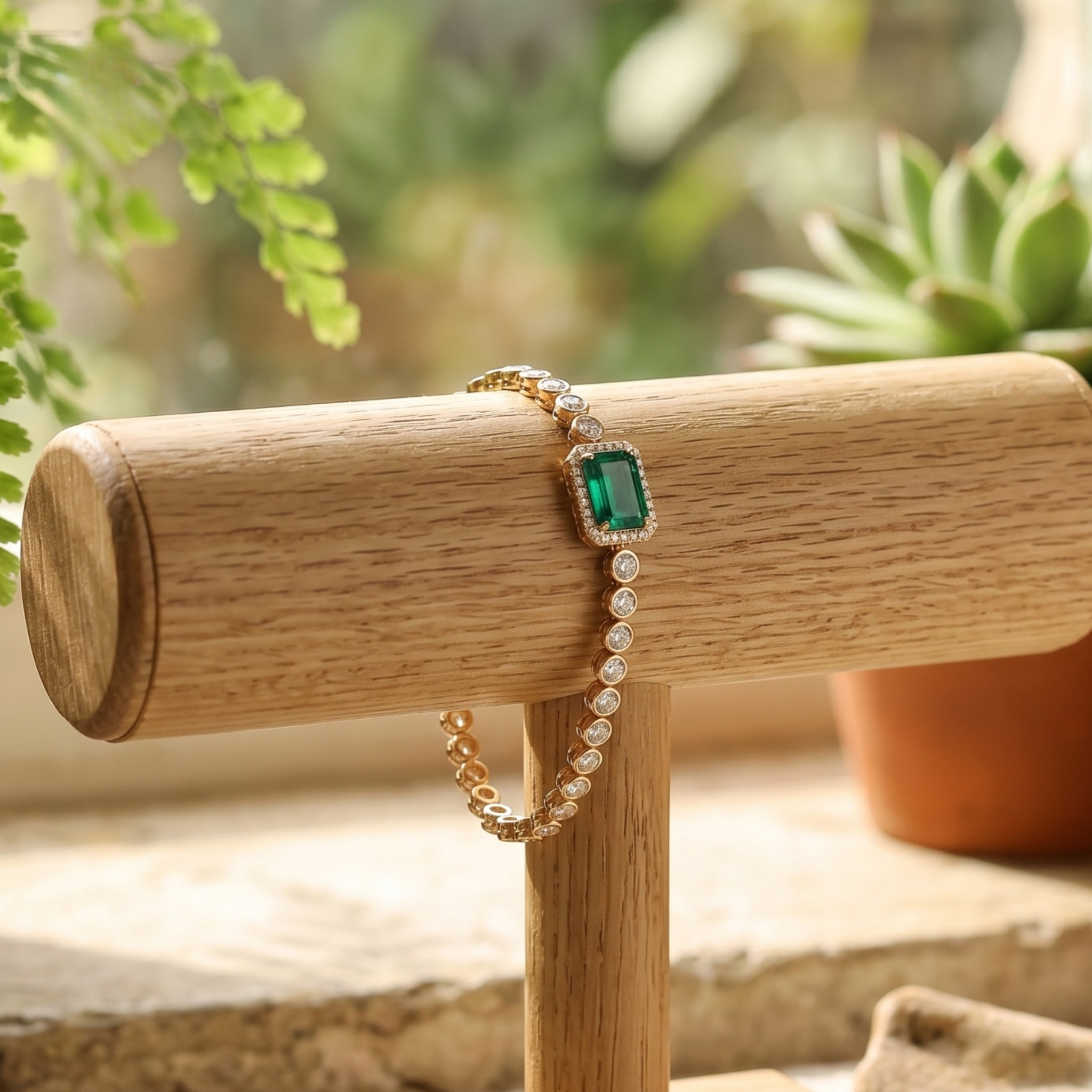 5.00 CT green gemstone and diamond tennis bracelet in yellow gold by Kiashaa Jewellery.