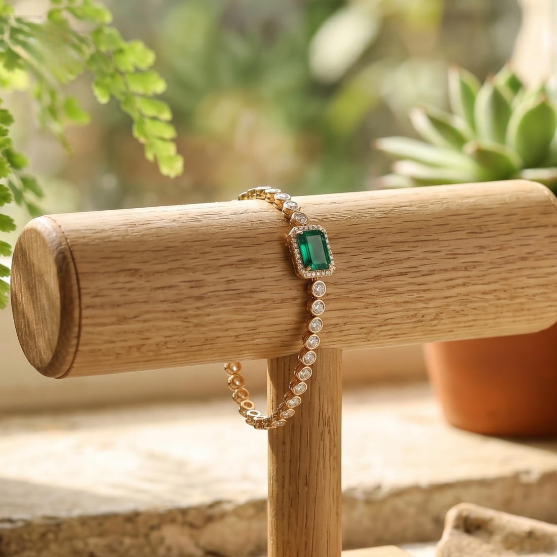 5.00 CT green gemstone and diamond tennis bracelet in yellow gold by Kiashaa Jewellery.