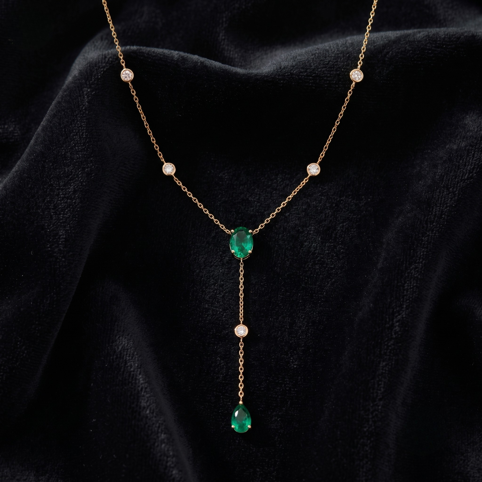 A delicate gold Y-necklace featuring two green emerald-cut center stones and five small clear accent stones, displayed on a draped black velvet fabric.