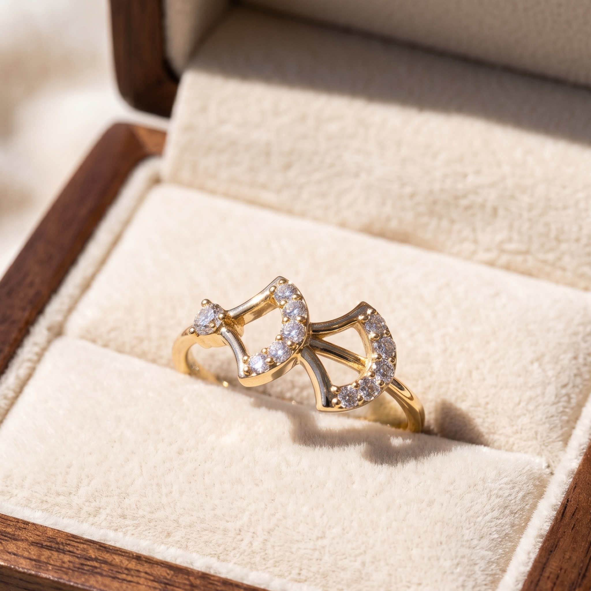 A gold ring with a bow-like design set with small clear stones, displayed in a cream-colored jewelry box.