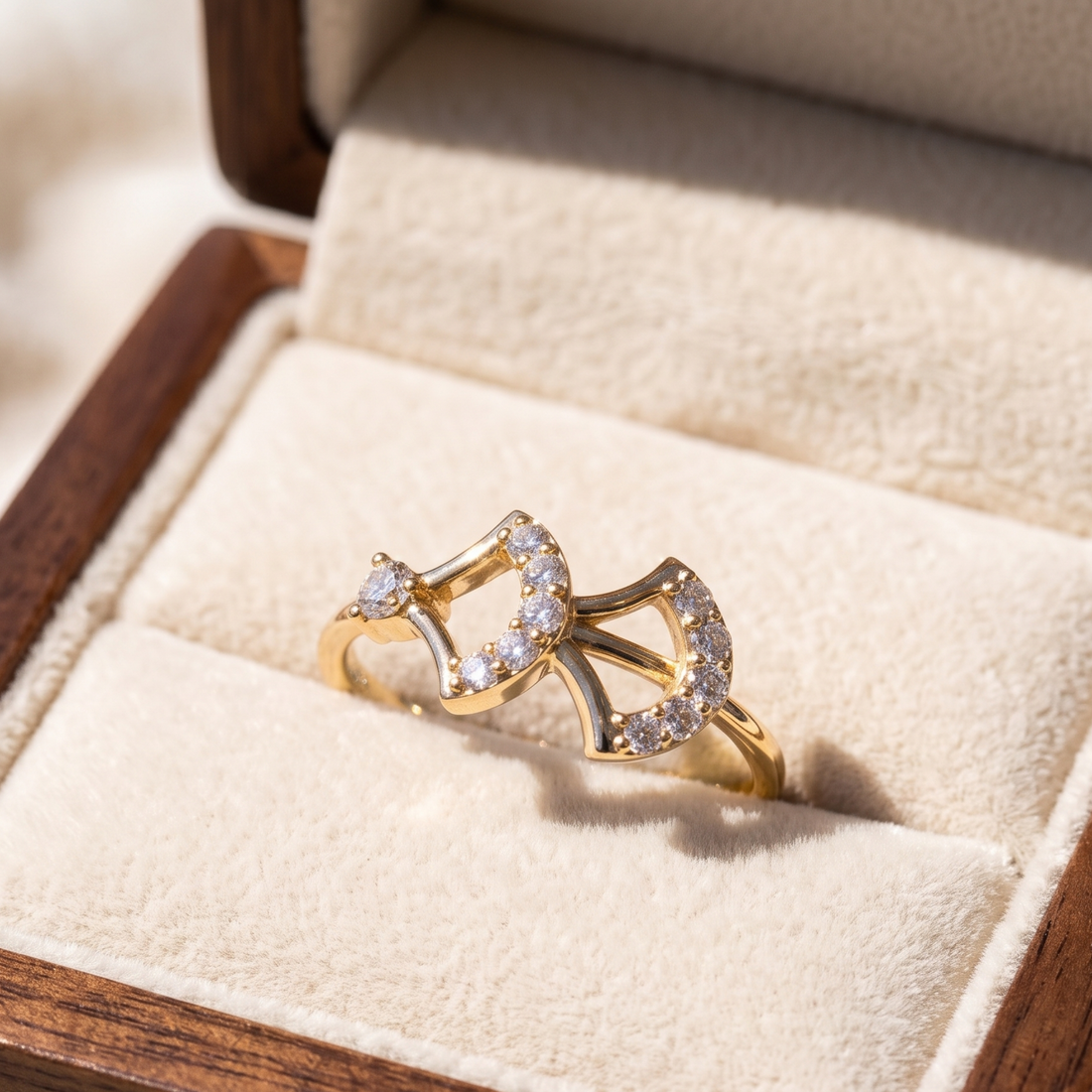 A gold ring with a bow-like design set with small clear stones, displayed in a cream-colored jewelry box.