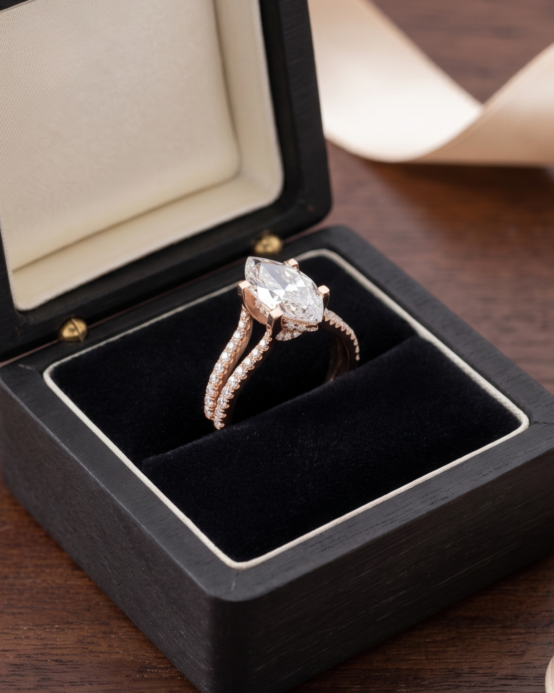 Kiashaa Jewellery marquise lab-grown diamond ring in rose gold featuring a 2 carat center stone and round diamond band.