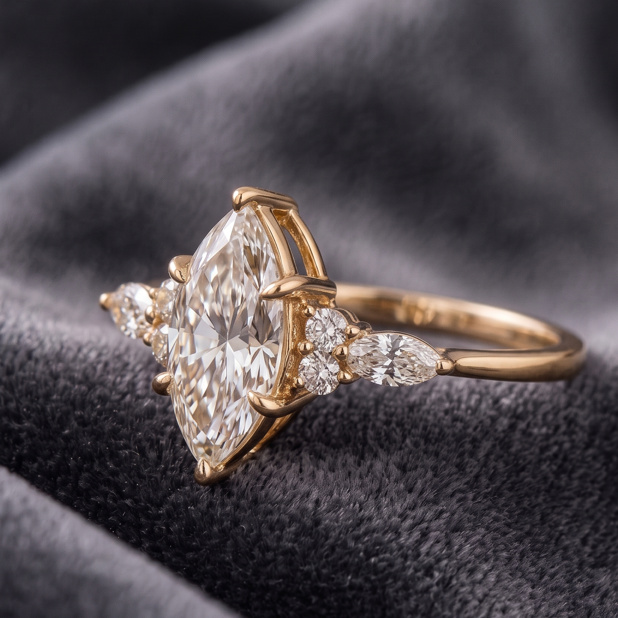 10 × 5 mm marquise diamond engagement ring with floral side stones