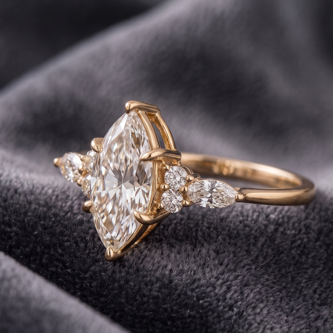 10 × 5 mm marquise diamond engagement ring with floral side stones