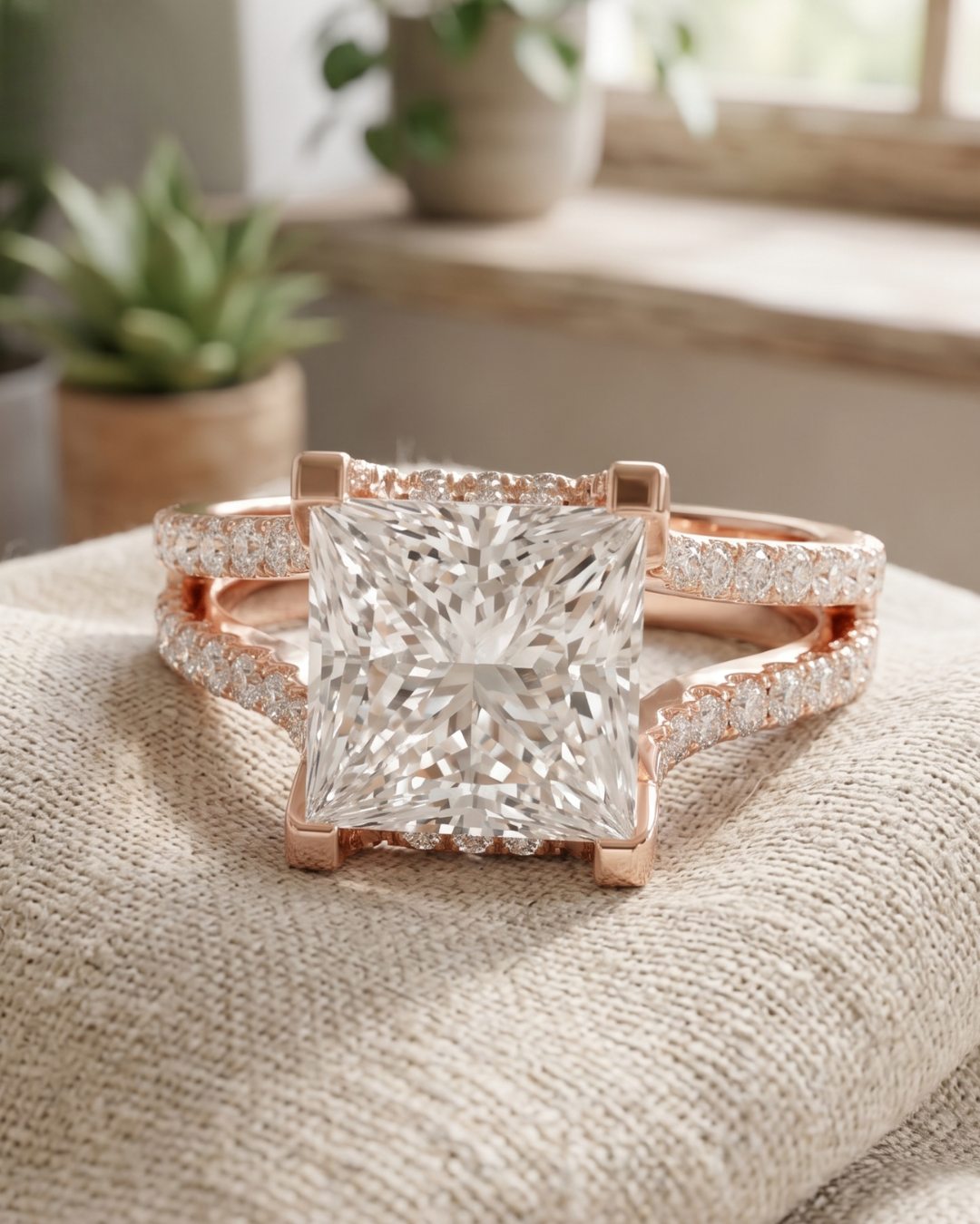 Kiashaa Jewellery 2 carat princess-cut lab-grown diamond ring in rose gold with a four-prong center setting.