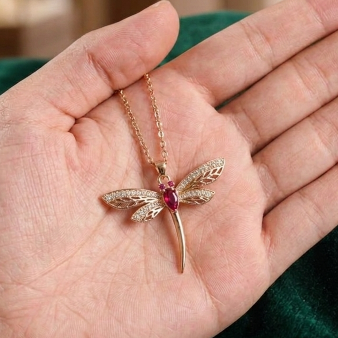 A gold dragonfly pendant necklace with a central pink gemstone, held in a person's hand against a dark green background.