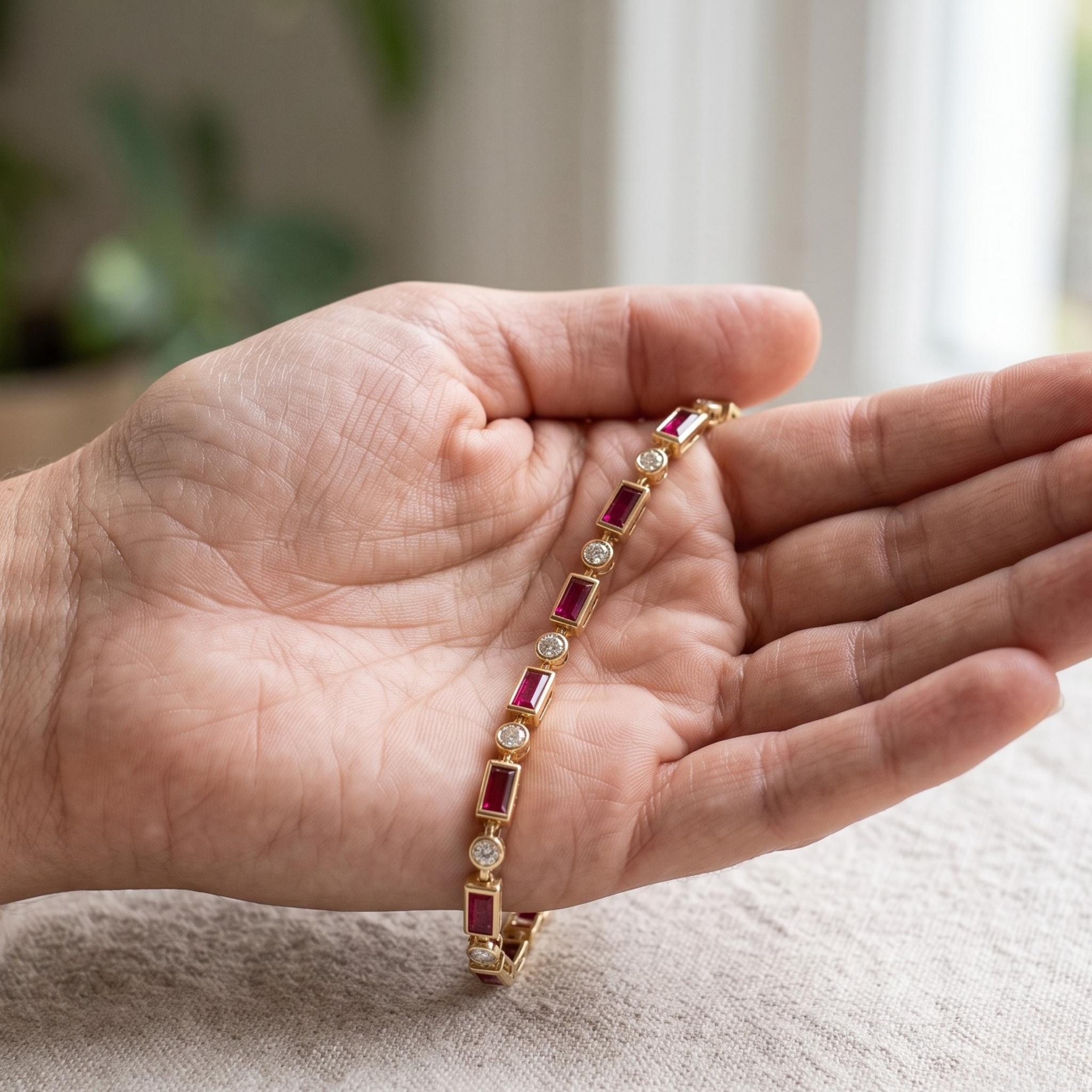 Kiashaa Jewellery 1.91 CTW red baguette and round diamond bracelet in polished yellow gold.