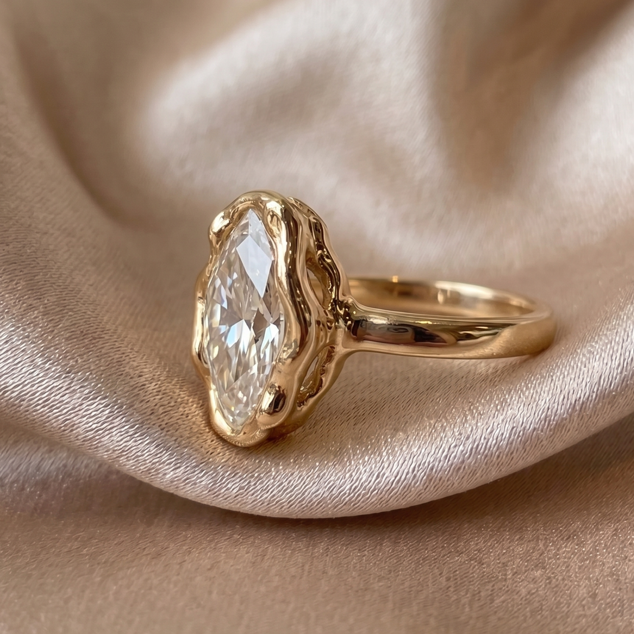 0.53 CT Marquise Diamond Organic Bezel Engagement Ring | 8 × 4 MM Solitaire in 9K, 14K & 18K Gold