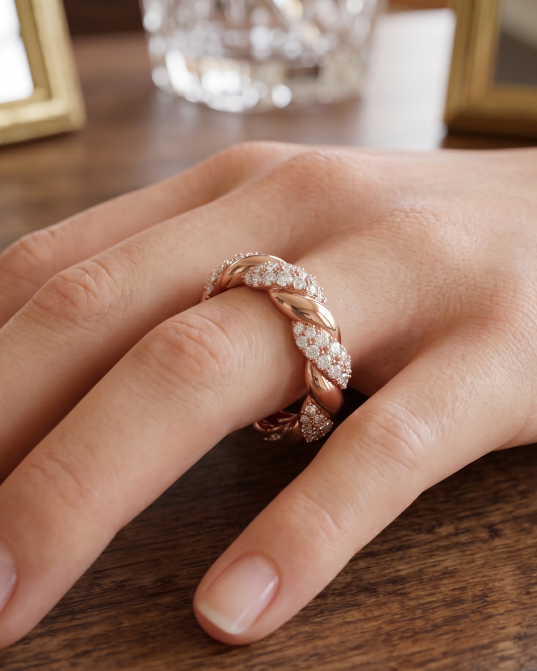 Luxury round lab-grown diamond twisted ring by Kiashaa Jewellery in rose gold for anniversaries and weddings.