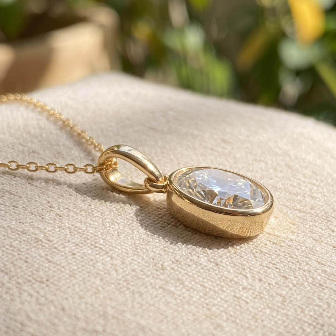 A gold oval pendant necklace with a clear faceted gemstone, resting on a textured beige fabric surface with a blurred green background.