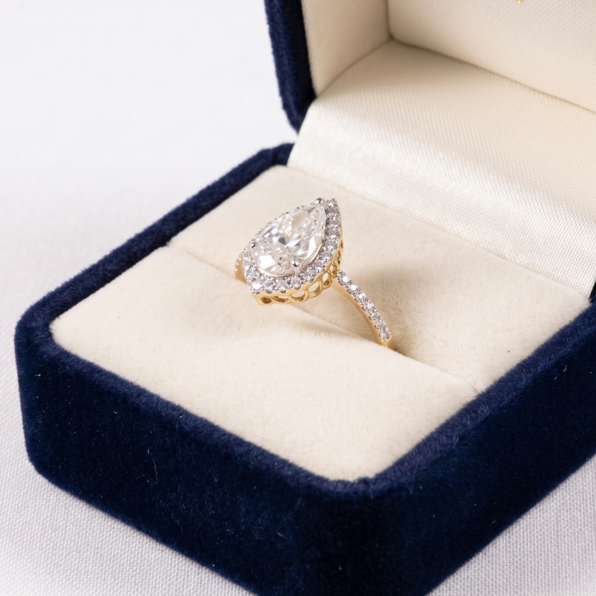 A pear-shaped diamond ring with a yellow gold halo and pavé band, displayed inside an open navy blue velvet ring box with a cream satin lining.